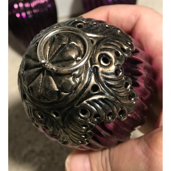 Purple Glass Christmas Ornaments Ornate Silver Caps Kugel? Vintage Very Heavy - Picture 4 of 14